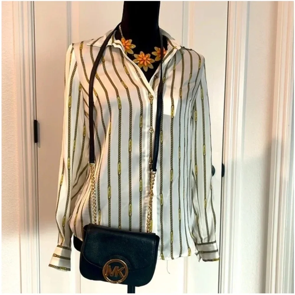 Michael Kors Fulton Leather Flap Crossbody Bag, Black & Gold Tone Retail - Picture 3 of 4